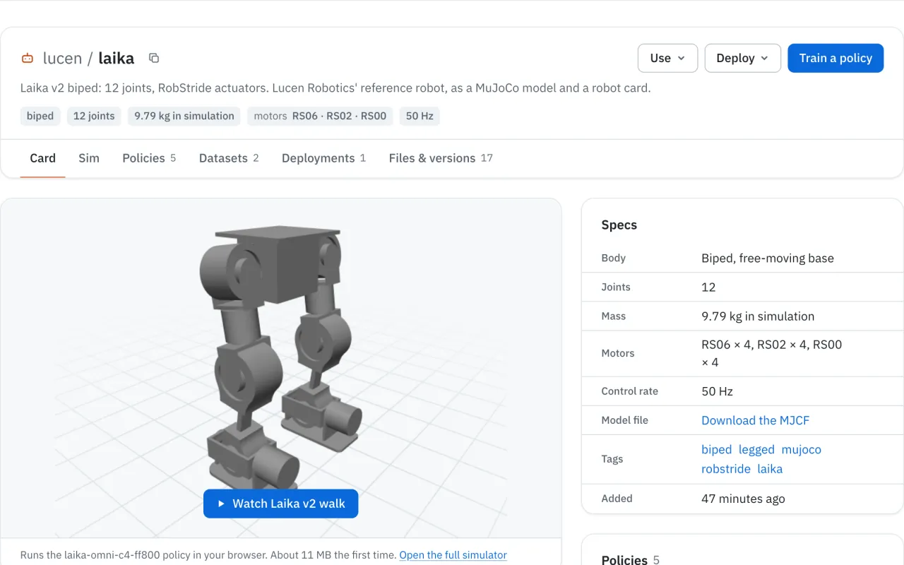 Laika's robot page, with the Train a policy button at the top right.