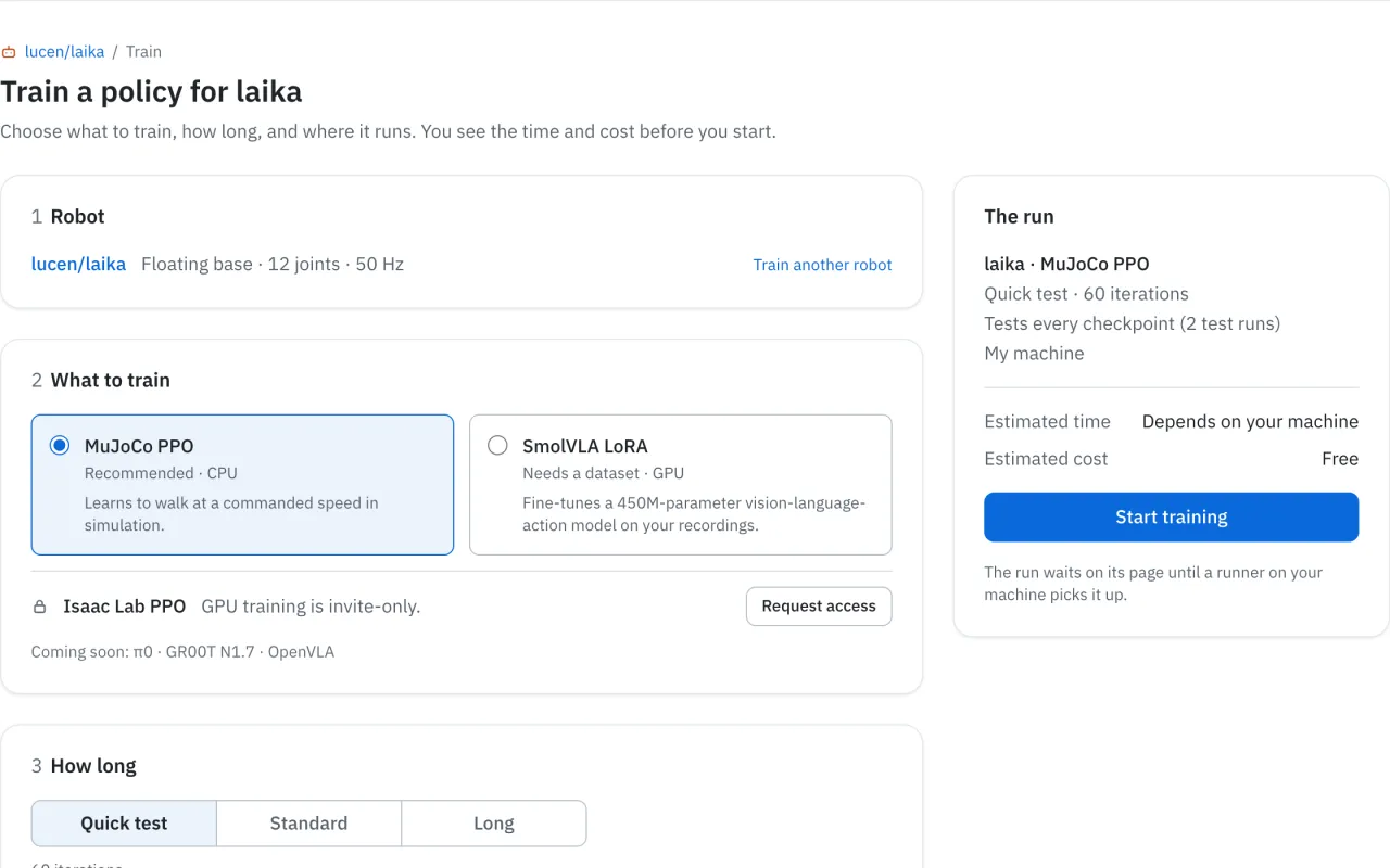 The training form for Laika with Quick test chosen, and the run's summary on the right.